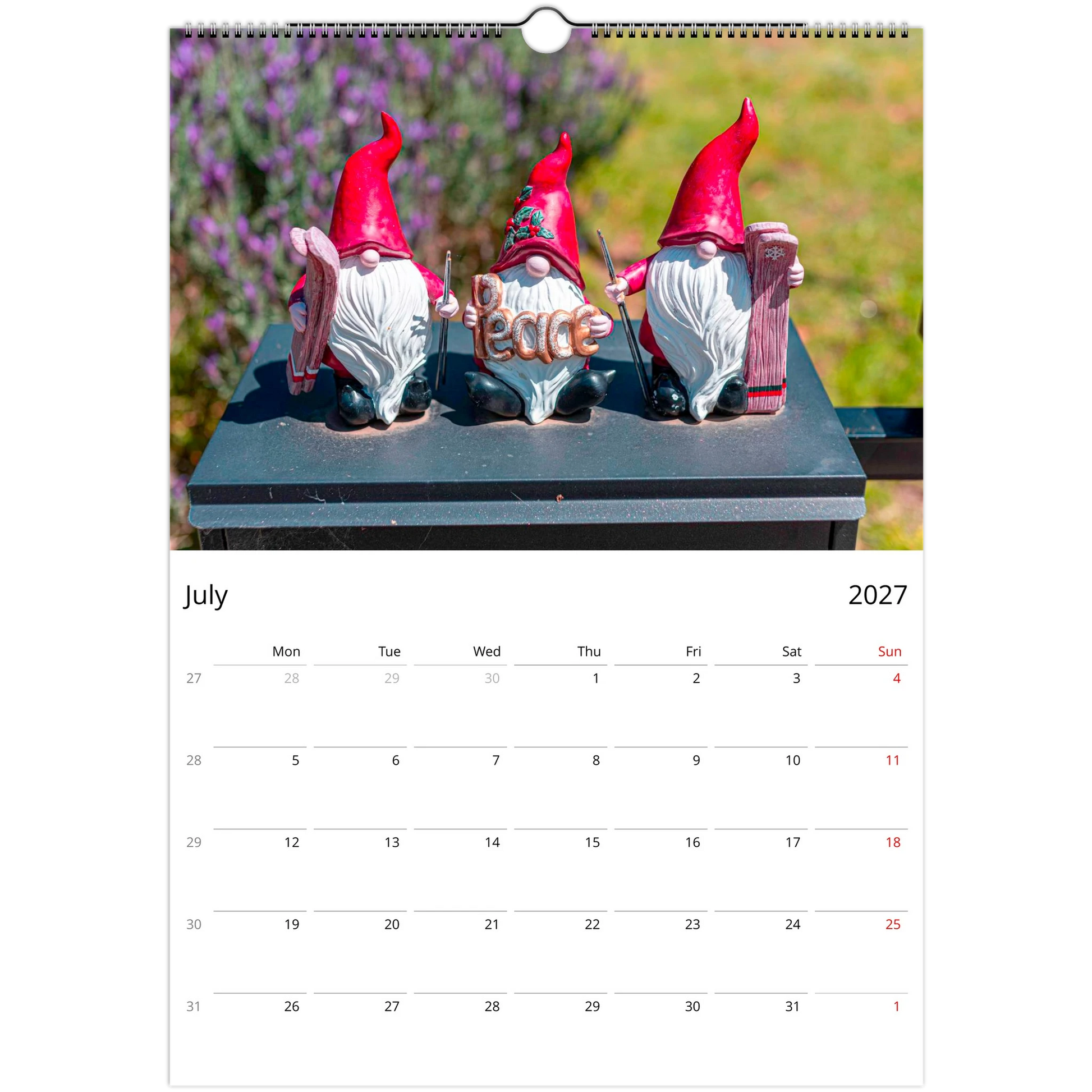 2027 Gnomes Wall Calendar – product packaging and spiral binding detail