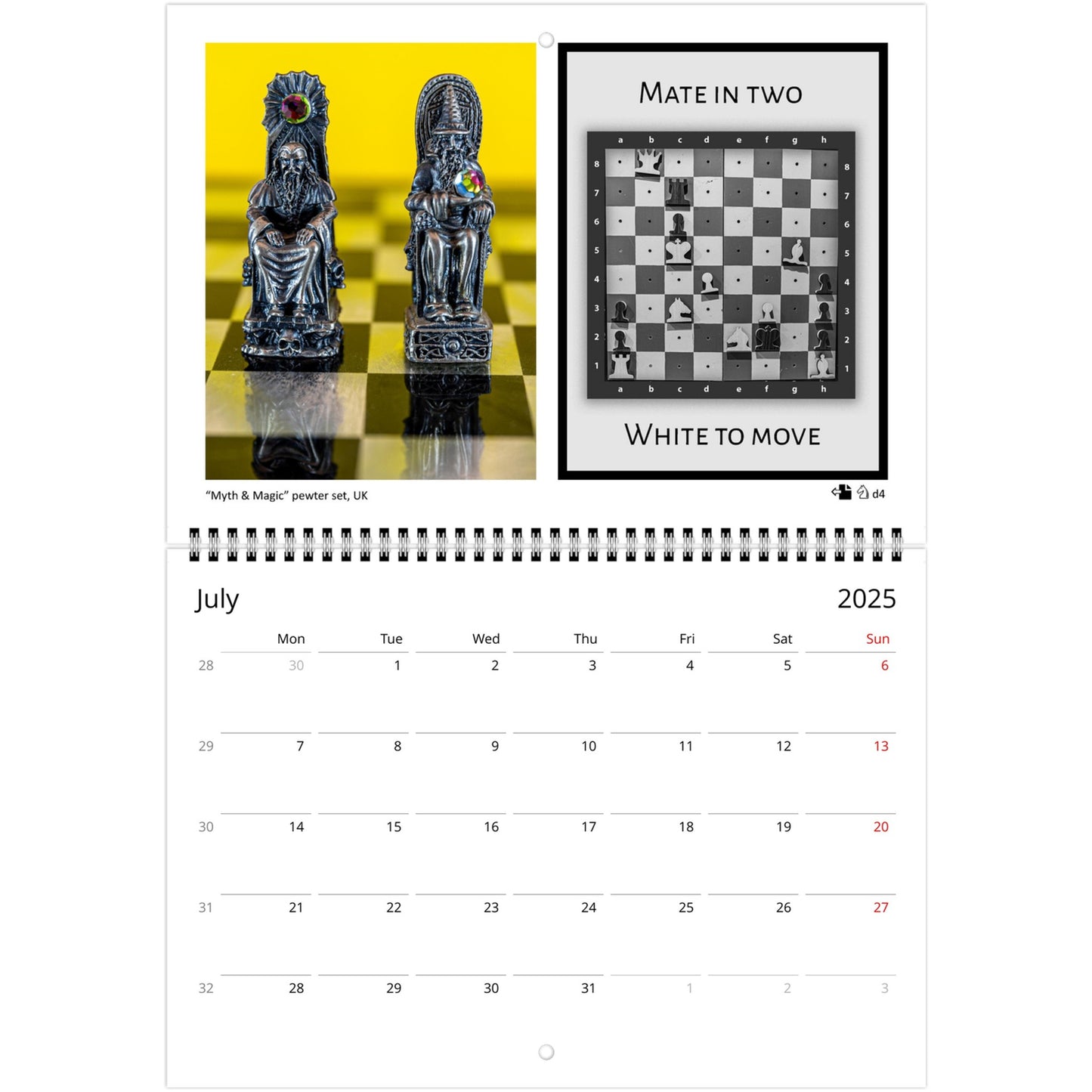 2025 Chess Wall Calendar by Istvan Maar Photography featuring global chess sets and monthly chess puzzles, vibrant imagery in Dutch.