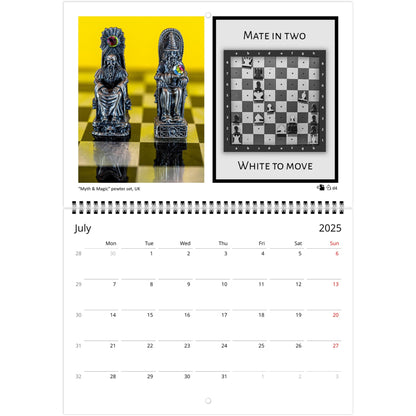 2025 Chess Wall Calendar by Istvan Maar Photography featuring global chess sets and monthly chess puzzles, vibrant imagery in Dutch.