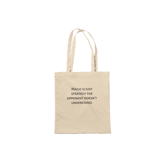 Beige tote bag with text on a white background