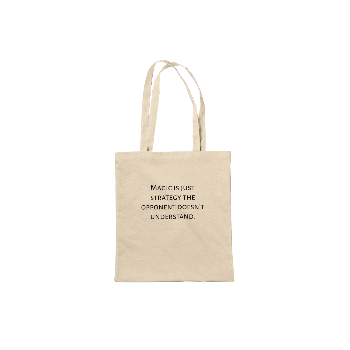Beige tote bag with text on a white background