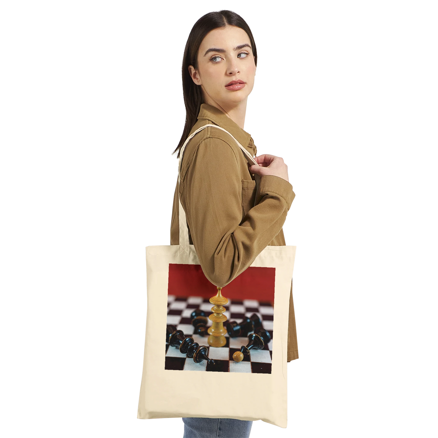 Woman holding Vienna Chess Set Tote Bag Natural Premium – chess queen victory photo