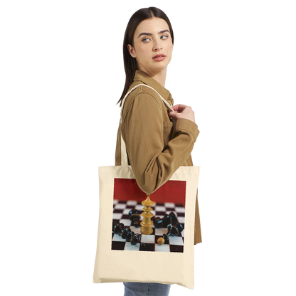 Woman holding Vienna Chess Set Tote Bag Natural Premium – chess queen victory photo