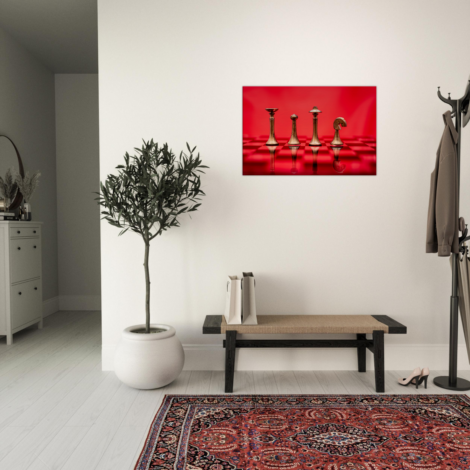 Minimalist Chess Set with red background Canvas by Istvan Maar Photography - lobby