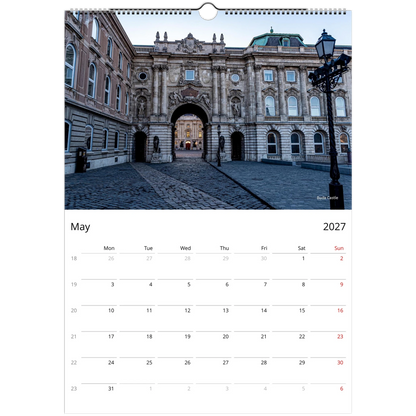 2027 Budapest Wall Calendar - open calendar view with architectural detail