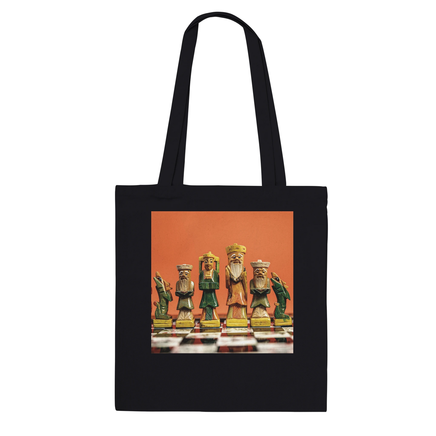 Hand painted chess set tote bag in black – personalised chess gift canvas tote by Istvan Maar Photography