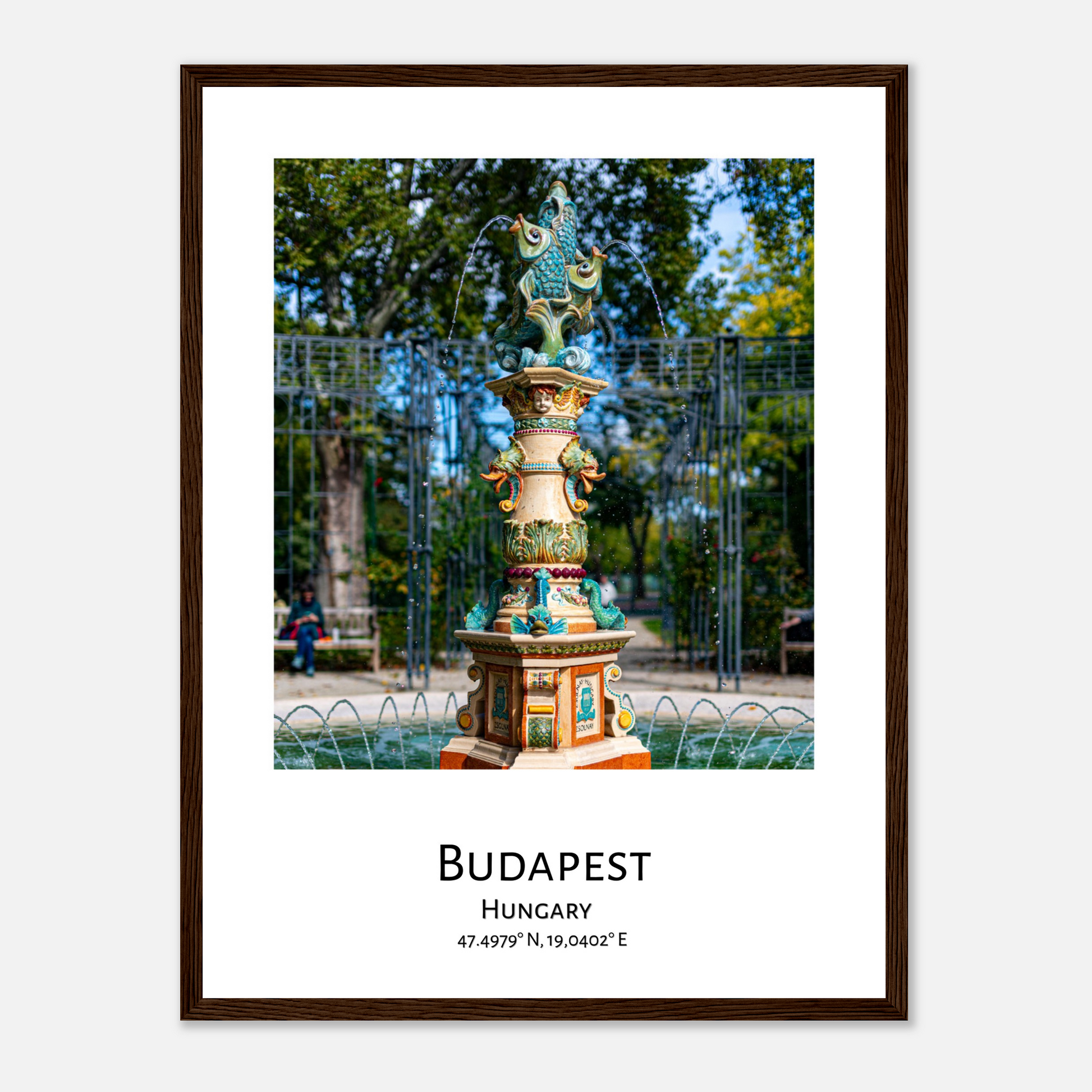 Personalised framed Budapest poster - Zsolnay fountain - black frame - close-up