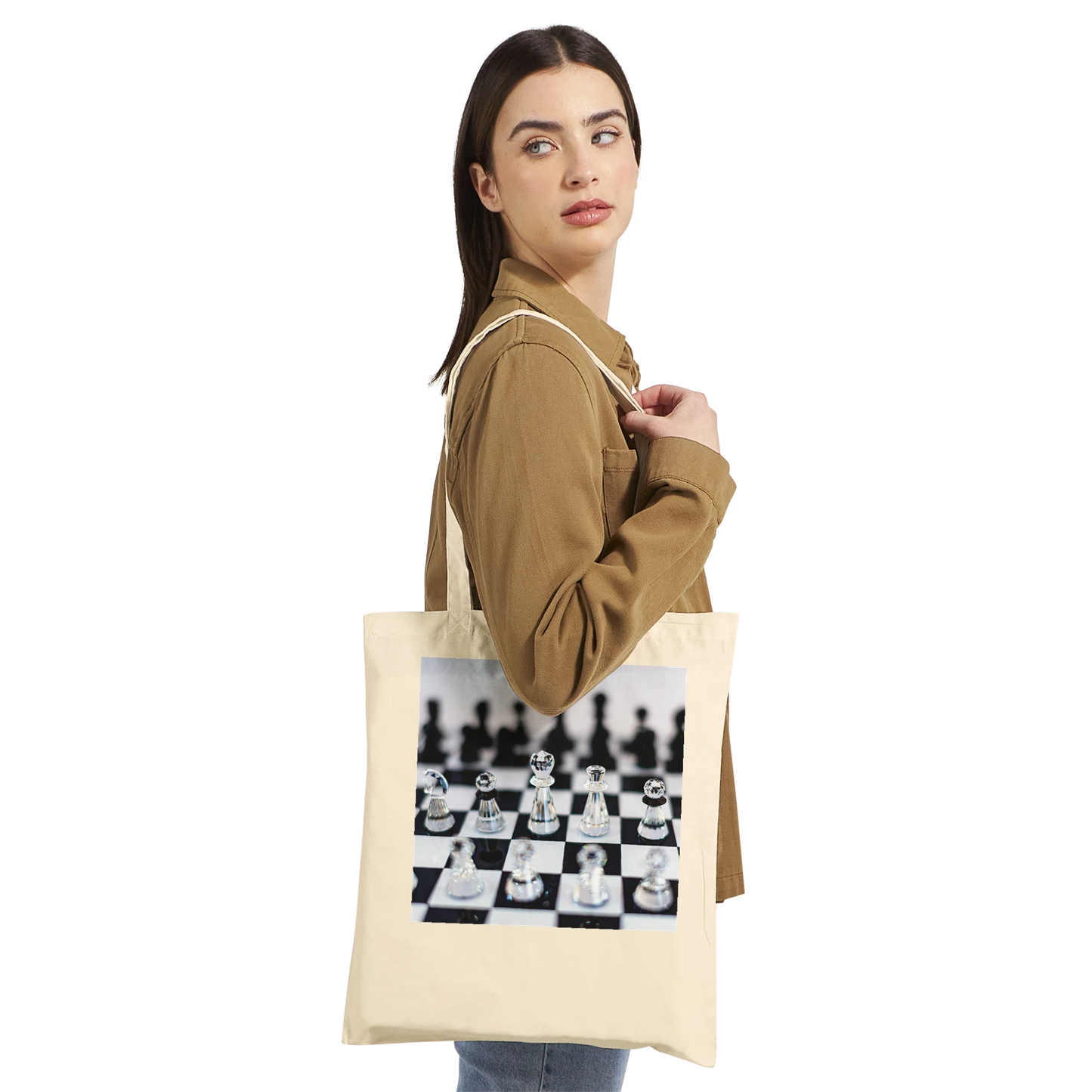 Woman carrying Think Sharp crystal chess tote bag — Classic Natural