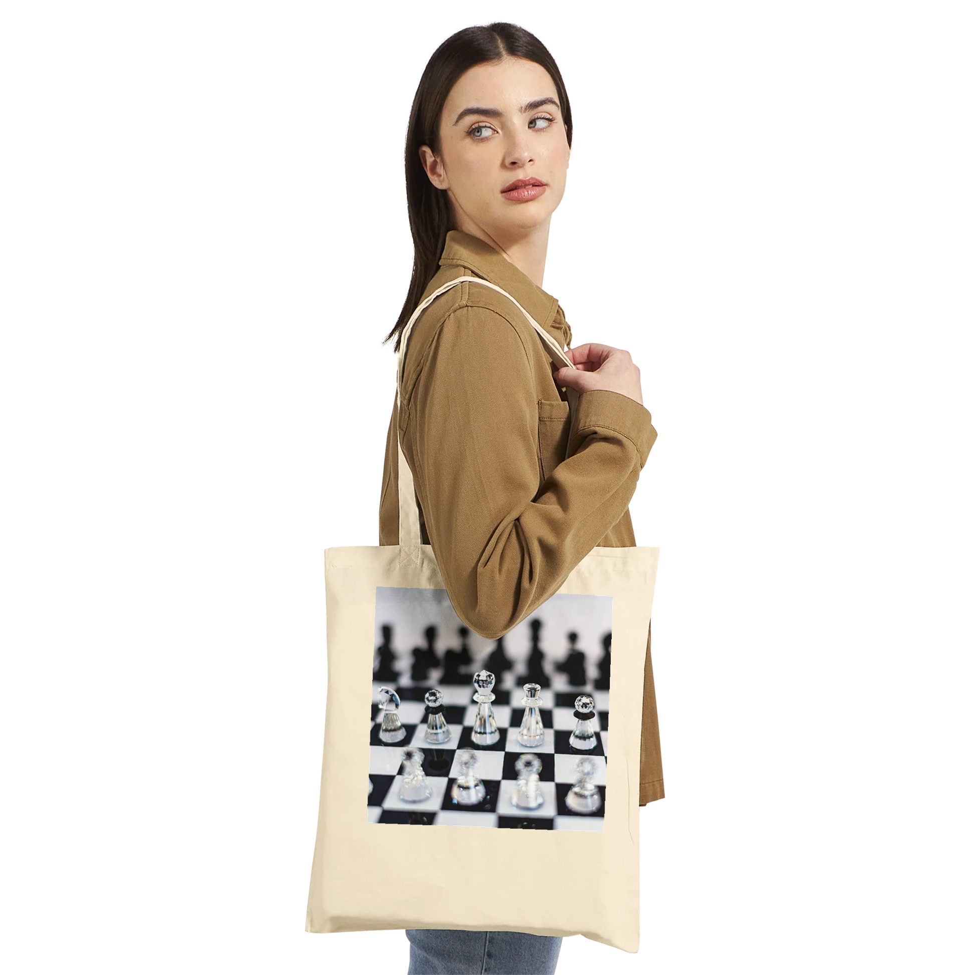 Woman carrying Think Sharp crystal chess tote bag — Classic Natural