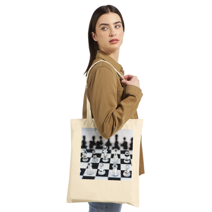 Woman carrying Think Sharp crystal chess tote bag — Classic Natural