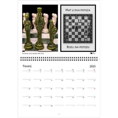 Personalised 2025 Chess Wall Calendar by Istvan Maar Photography featuring global chess sets and monthly chess puzzles, vibrant imagery in Croatian.