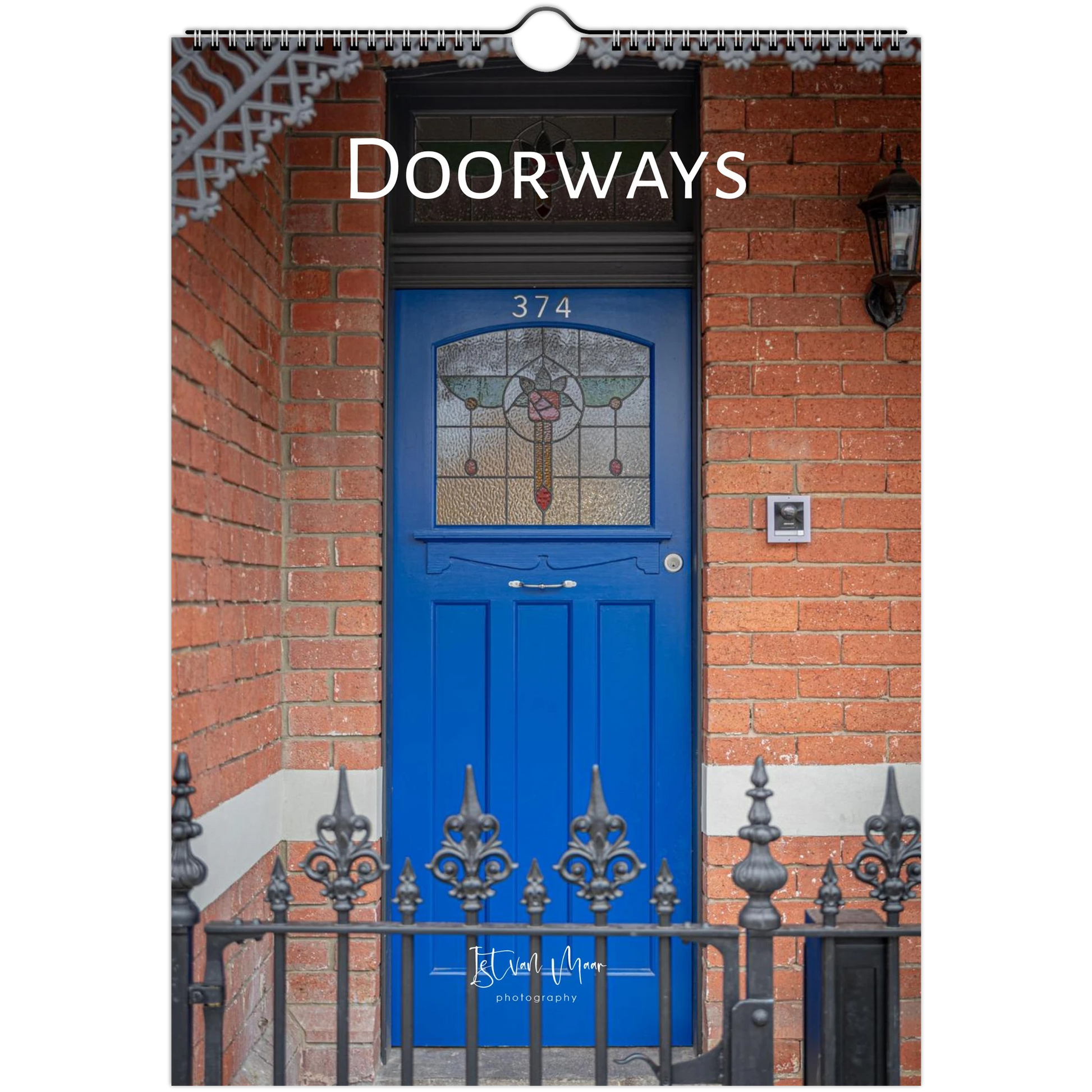 A vertical photographic print or poster showing a bright blue front door set in a red brick doorway, with the word 'DOORWAYS' across the top and a small hanging loop at the top center.