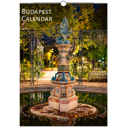Calendar cover featuring a decorative fountain in a park with 'Budapest Calendar' text. Available in A4, A3, LT and LG sizes by Istvan Maar Photography.