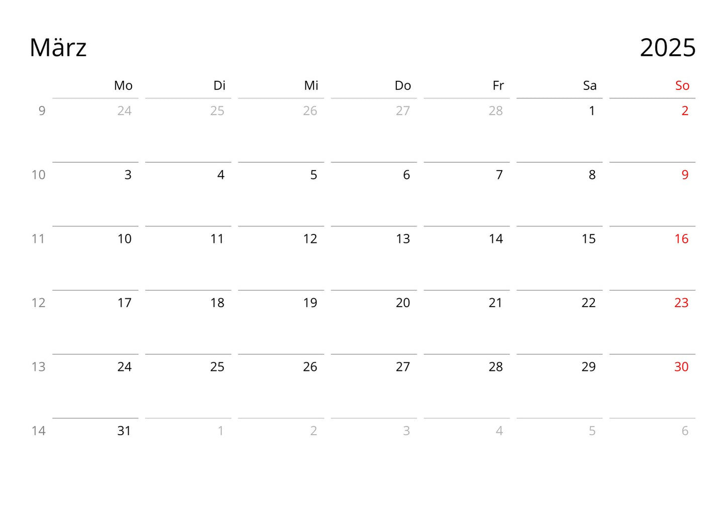 Calendar grid for 2025 chess wall calendar by Istvan Maar Photography, week starts on Monday, German language