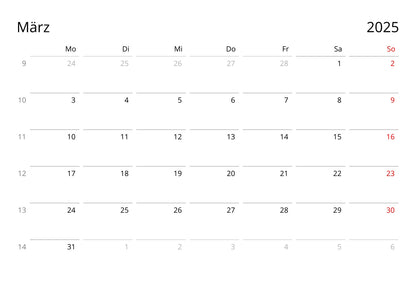 Calendar grid for 2025 chess wall calendar by Istvan Maar Photography, week starts on Monday, German language