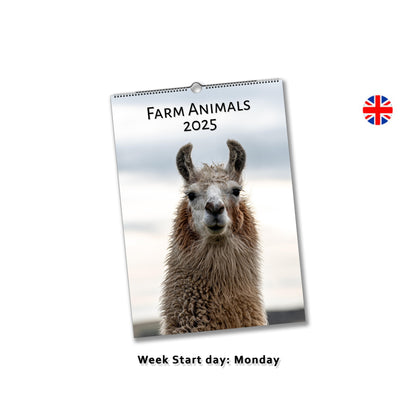 2025 Farm Animal Calendar by Istvan Maar Photography in English, week starts by Monday