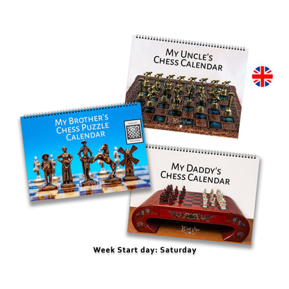 Personalised Chess Wall Calendar Bundle | A4 Horizontal | English | Week Starts Saturday | 3 Calendars | E