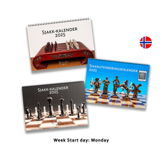 2025 Chess Wall Calendar Bundle | A4 Horizontal | Norwegian Bokmål | Week Starts Monday | 3 Calendars | D