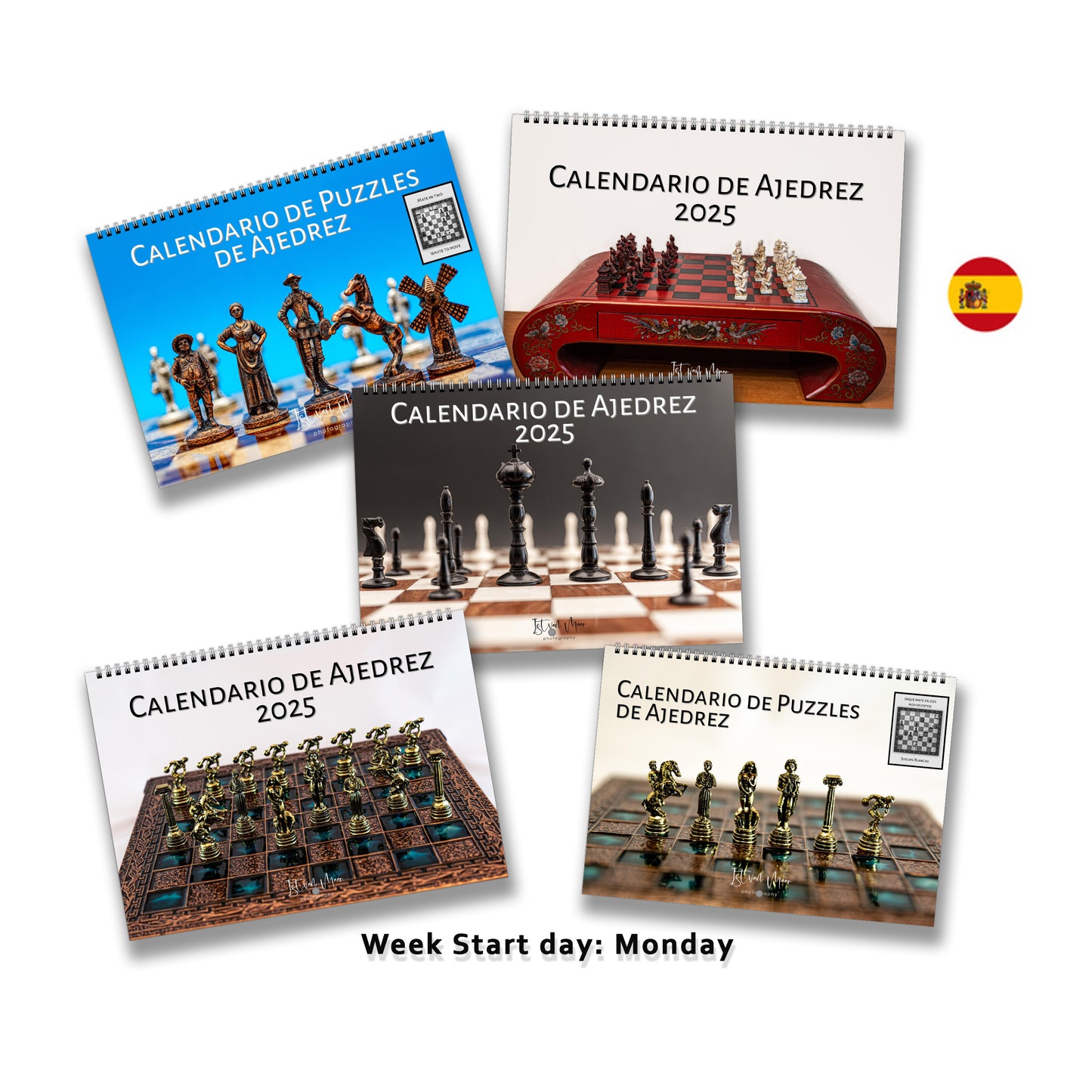 2025 Chess Wall Calendar Bundle | A4 Horizontal | Spanish | Week Starts Monday | 5 Calendars