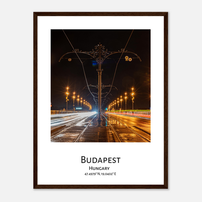 Personalized framed Budapest travel poster - Margaret bridge by night - dark wood frame - close-up