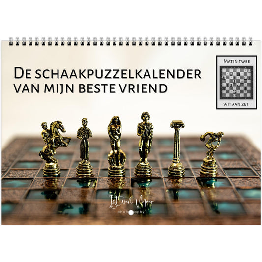 2025 Chess Wall Calendar by Istvan Maar Photography featuring global chess sets and monthly chess puzzles, vibrant imagery in Dutch.