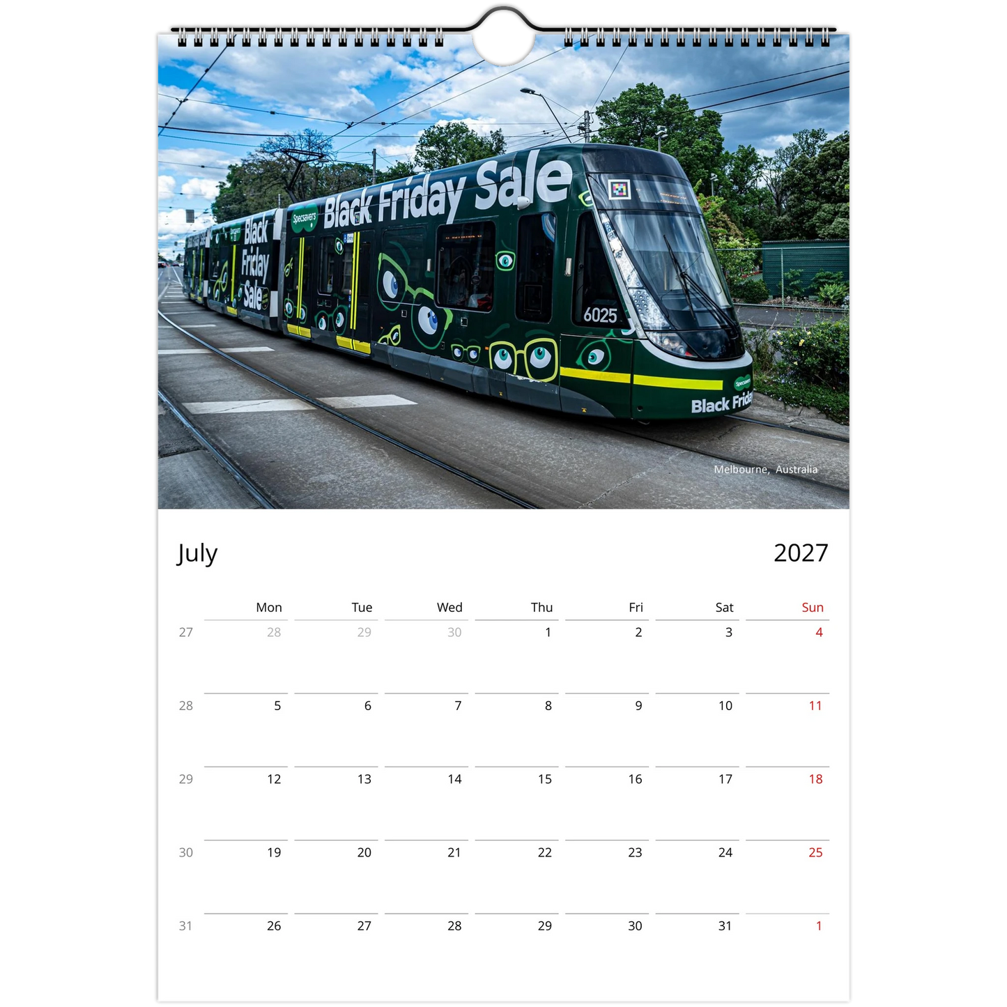 Trams Wall Calendar – open calendar view with tram detail