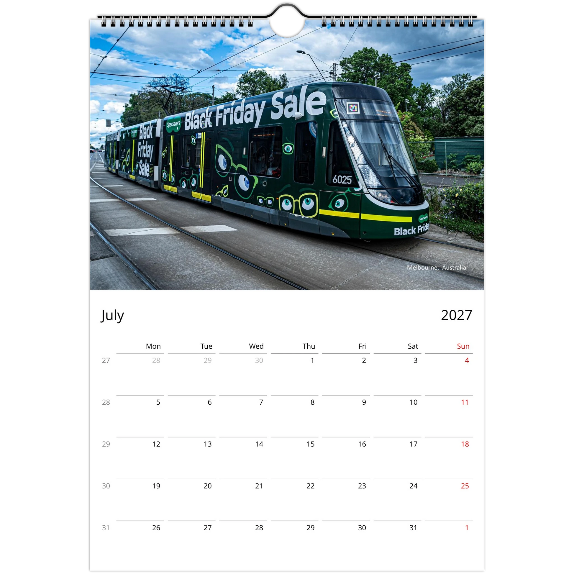 Trams Wall Calendar – open calendar view with tram detail
