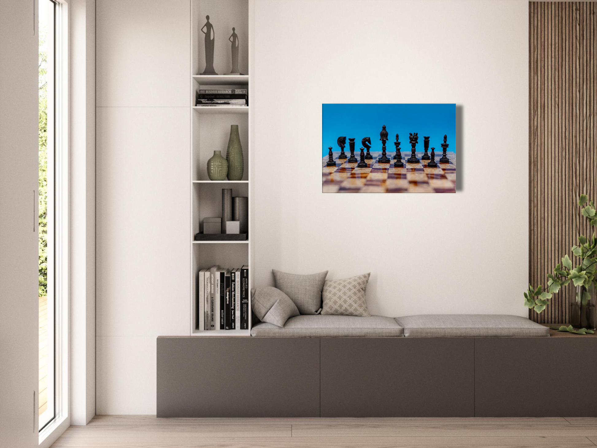 Wooden Chess Set Canvas with blue background by Istvan Maar Photography - lobby