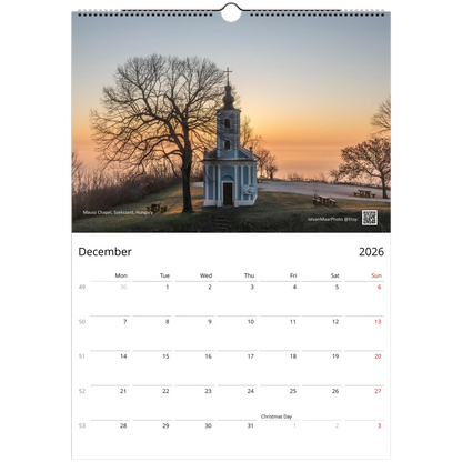 2027 Beautiful Churches Wall Calendar - product packaging and spiral binding detail