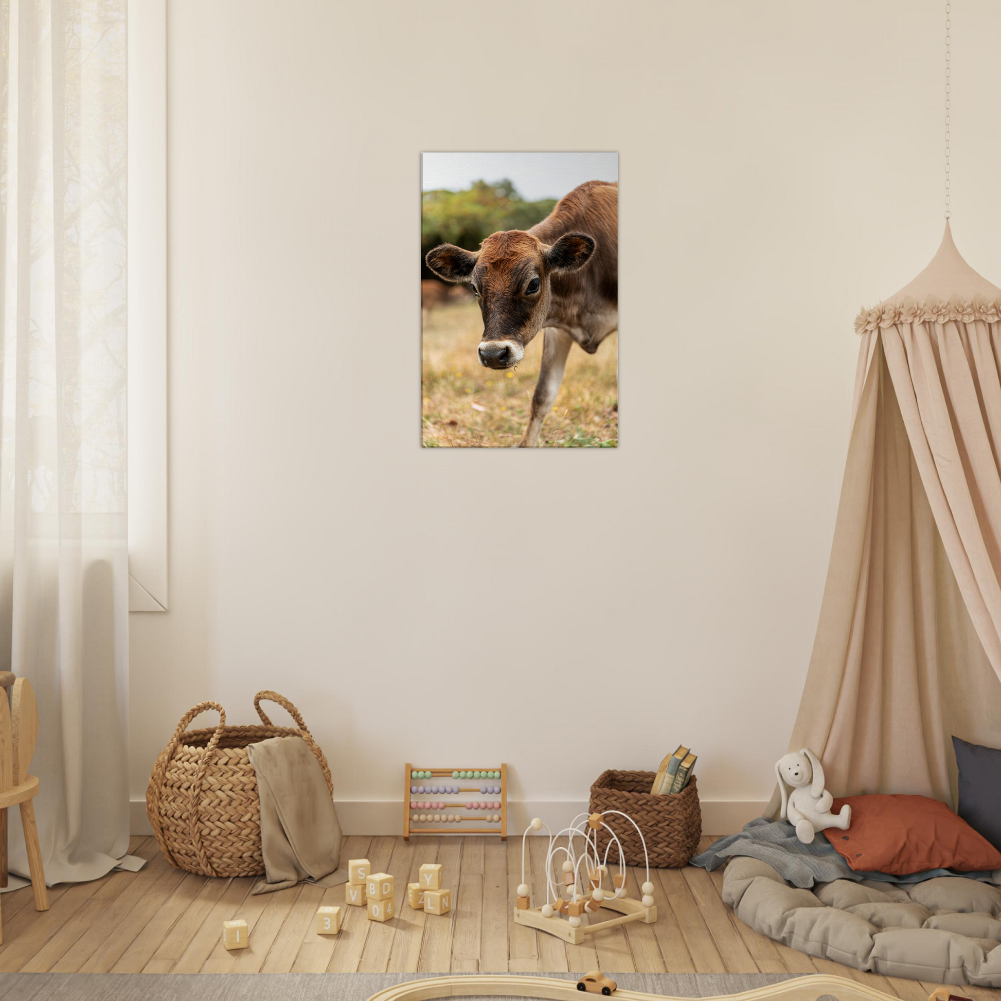 Cute calf Domestic Animal Canvas Wall Art Photography, Nursery Print, Nursery Animal Wall Decor, Kids Room, Prints, Stretched canvas by Istvan Maar Photography mockup 28