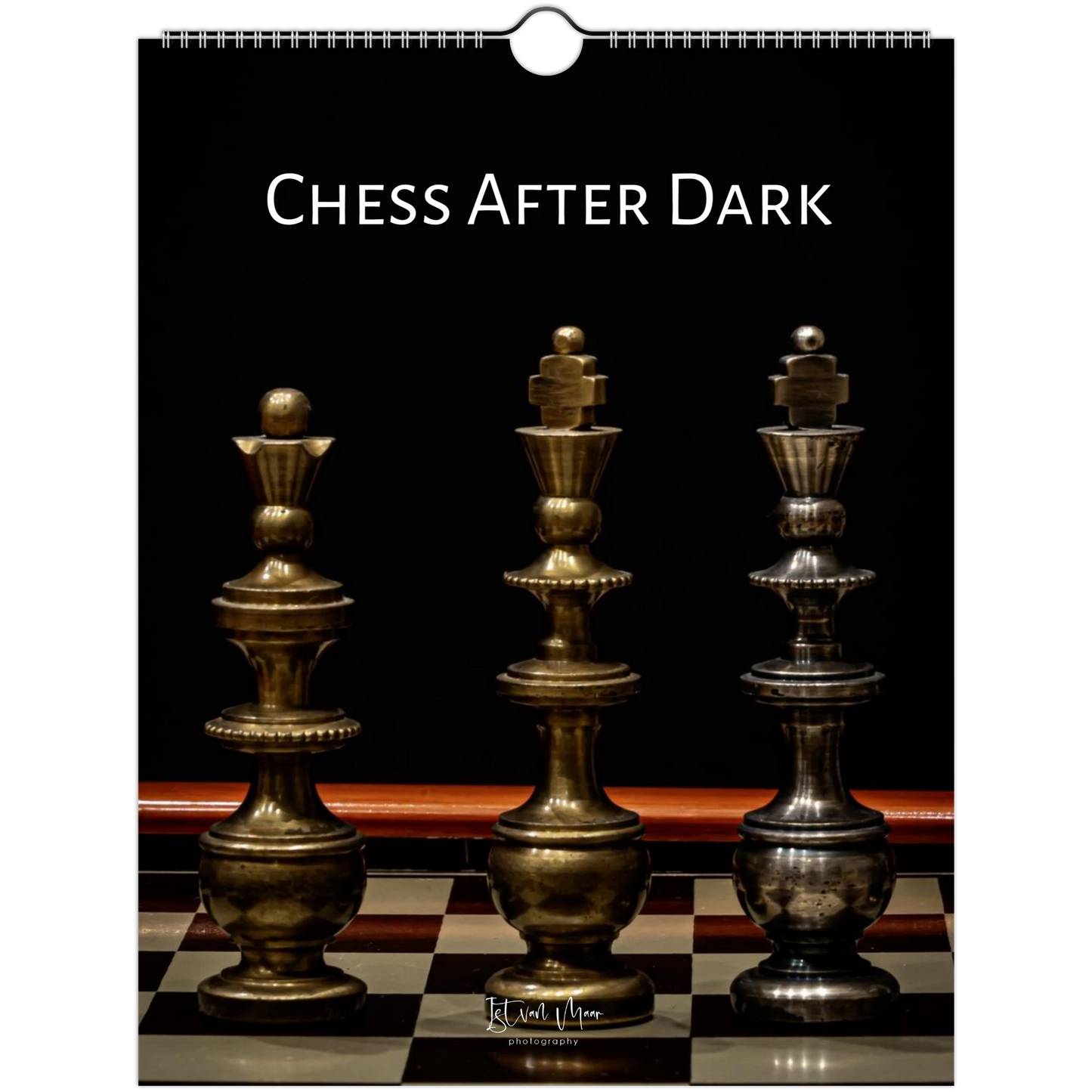 A hanging wall calendar page titled "CHESS AFTER DARK" showing three metallic chess pieces on a black-and-white checkered board against a black background. Available in A4, A3, LT and Ledger sizes.