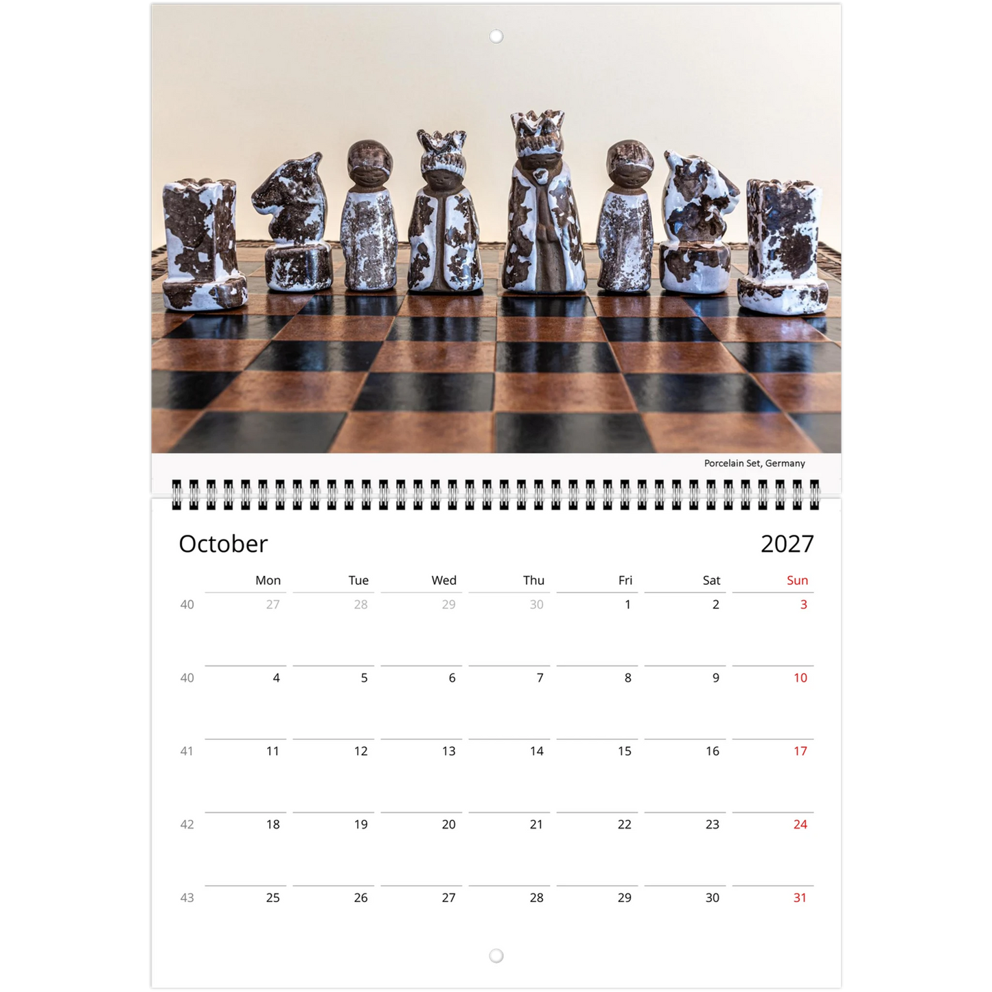 2027 Chess Wall Calendar interior page — fire enamel chess set