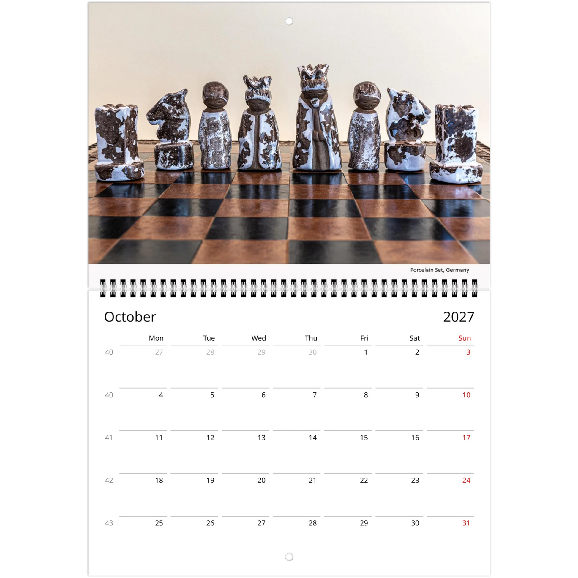 2027 Chess Wall Calendar interior page — fire enamel chess set