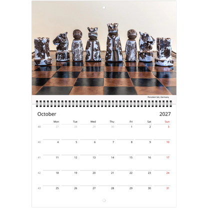 2027 Chess Wall Calendar interior page — fire enamel chess set