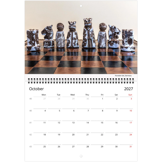 2027 Chess Wall Calendar interior page — fire enamel chess set