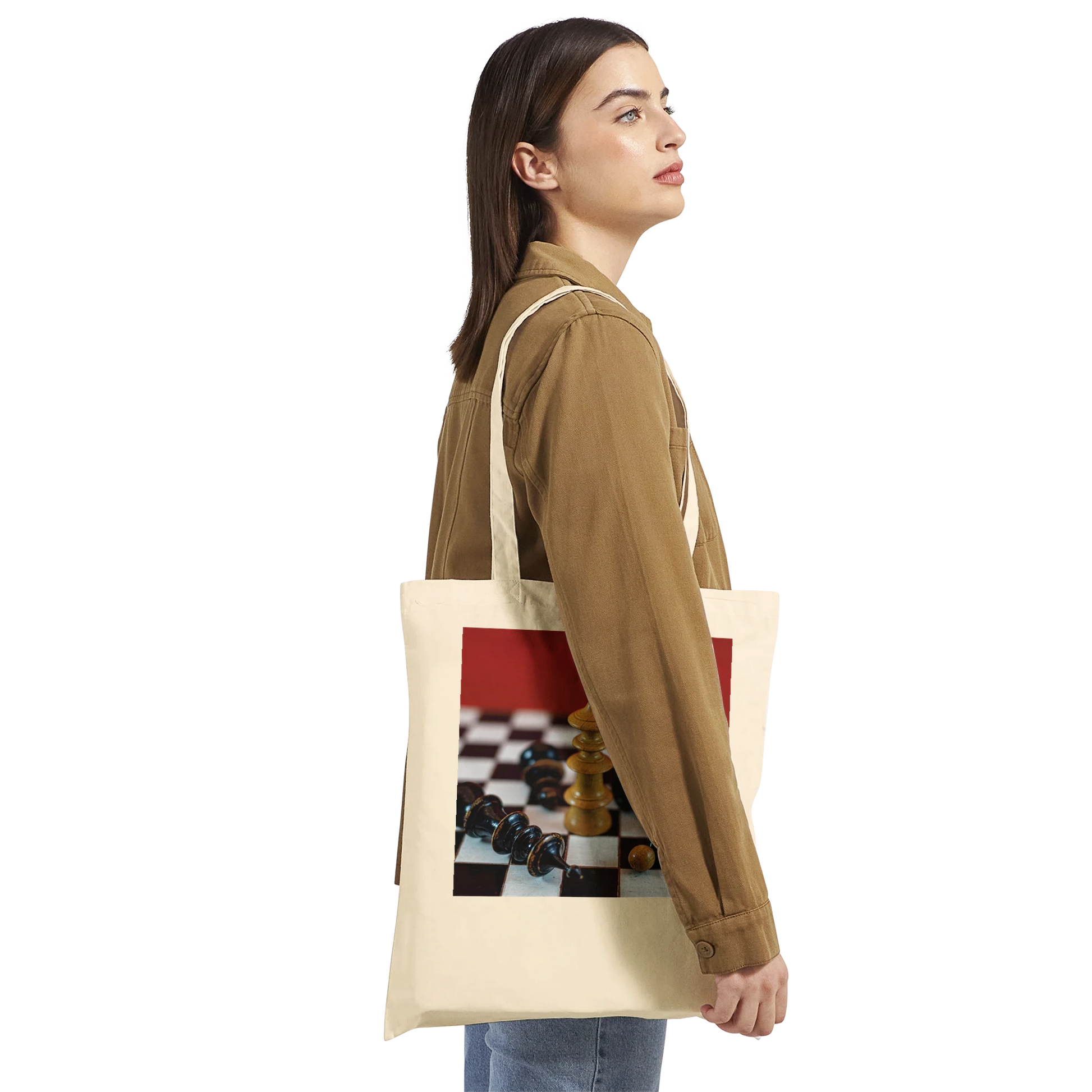 Woman carrying Vienna Chess Set Tote Bag Natural – chess queen victory print