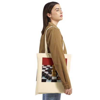 Woman carrying Vienna Chess Set Tote Bag Natural – chess queen victory print