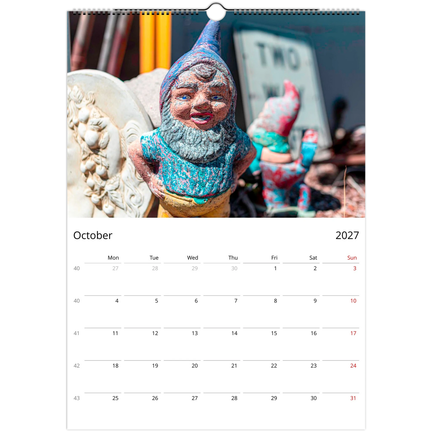2027 Gnomes Wall Calendar - monthly spread with gnome photography