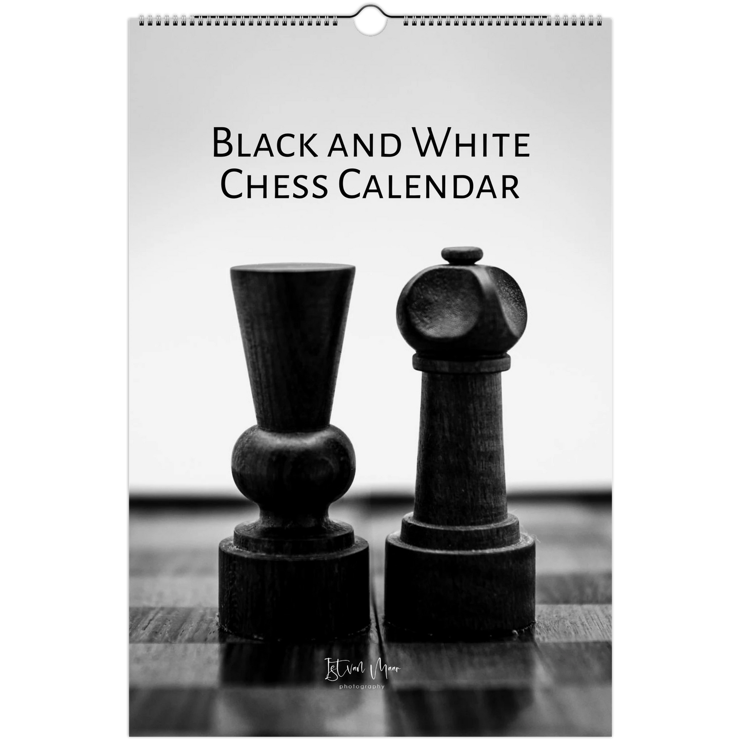 A black and white chess calendar featuring a monochrome photograph of two wooden chess pieces on a chessboard, with the title 'BLACK AND WHITE CHESS CALENDAR' printed at the top. Available in A4, A3, LT and Ledger sizes.