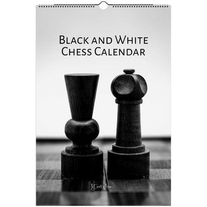 A black and white chess calendar featuring a monochrome photograph of two wooden chess pieces on a chessboard, with the title 'BLACK AND WHITE CHESS CALENDAR' printed at the top. Available in A4, A3, LT and Ledger sizes.