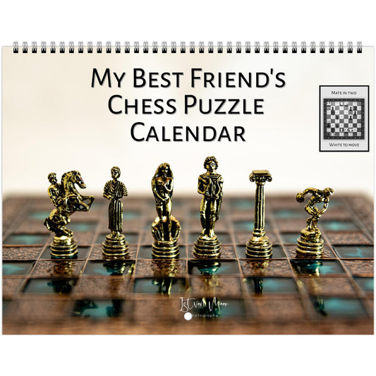 Personalised 2025 Chess Wall Calendar by Istvan Maar Photography featuring global chess sets and monthly chess puzzles, vibrant imagery in English for US and canada Market