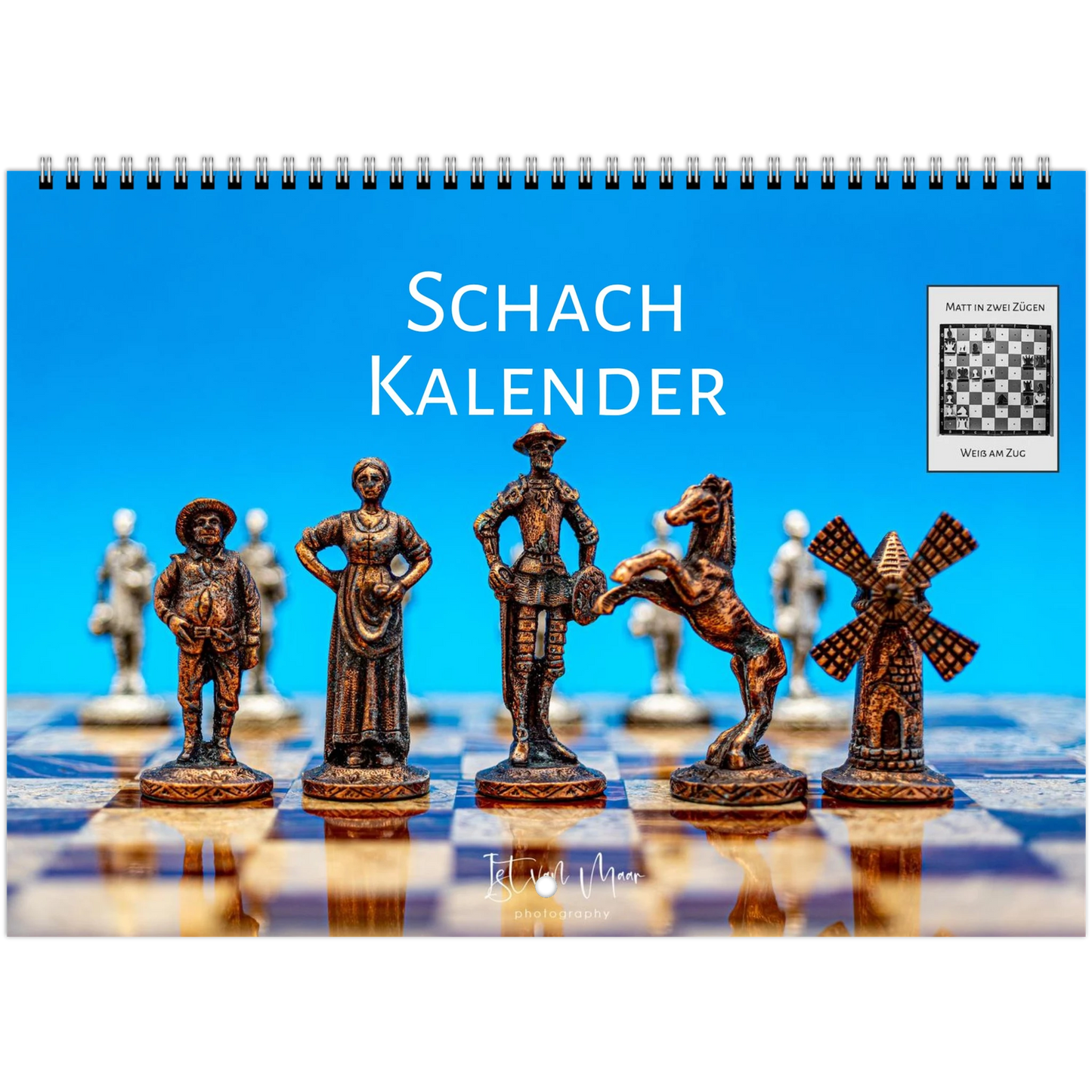 A spiral-bound calendar titled 'Schach Kalender' featuring chess pieces on a chessboard against a bright blue background, with a small chess puzzle. German language calendar in A4 size.
