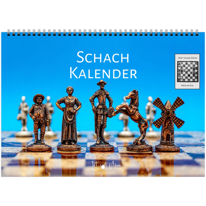 A spiral-bound calendar titled 'Schach Kalender' featuring chess pieces on a chessboard against a bright blue background, with a small chess puzzle. German language calendar in A4 size.