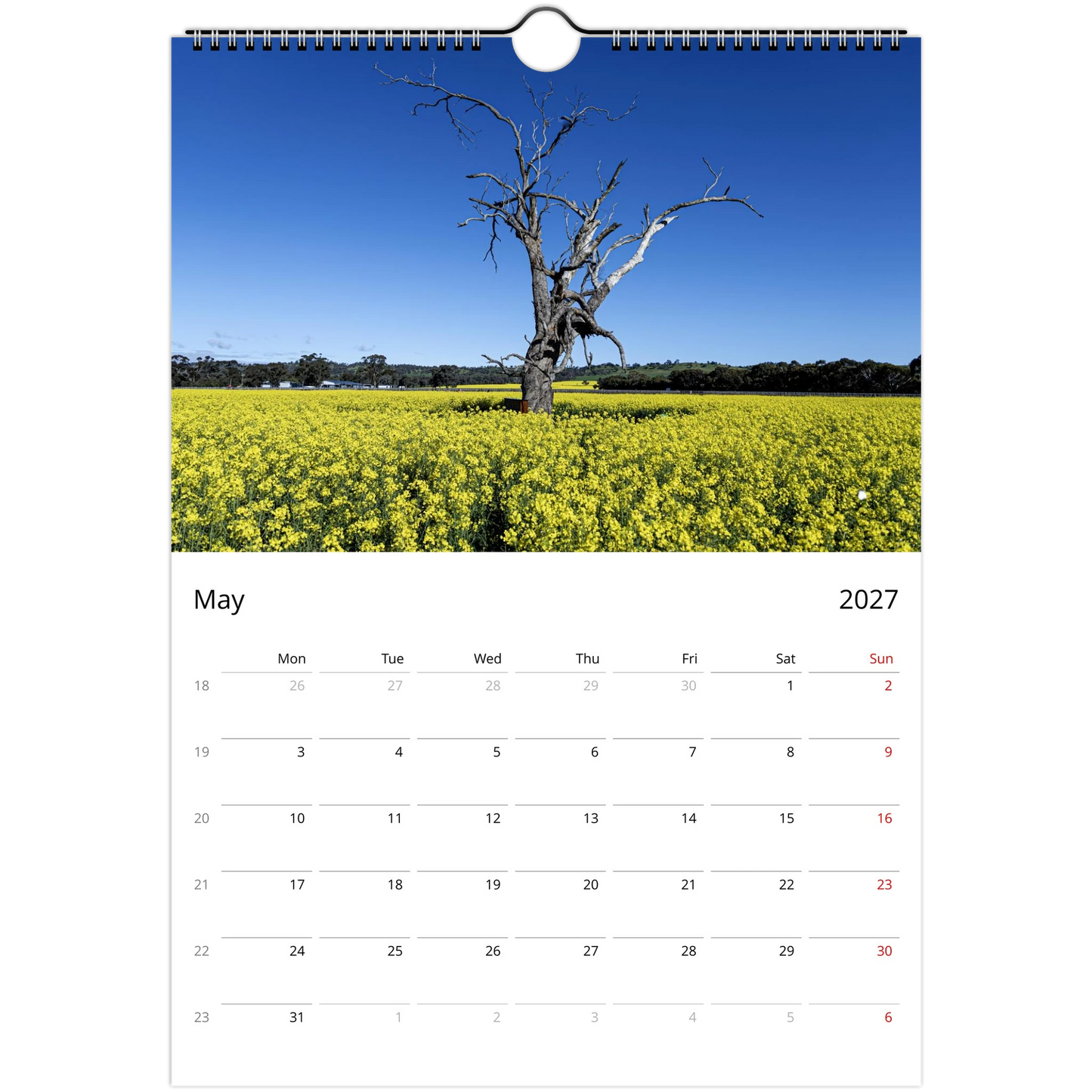 A single-page spiral-bound calendar page showing a landscape photograph of a bare tree in a bright yellow flower field under a clear blue sky, with a May 2027 weekly schedule below.