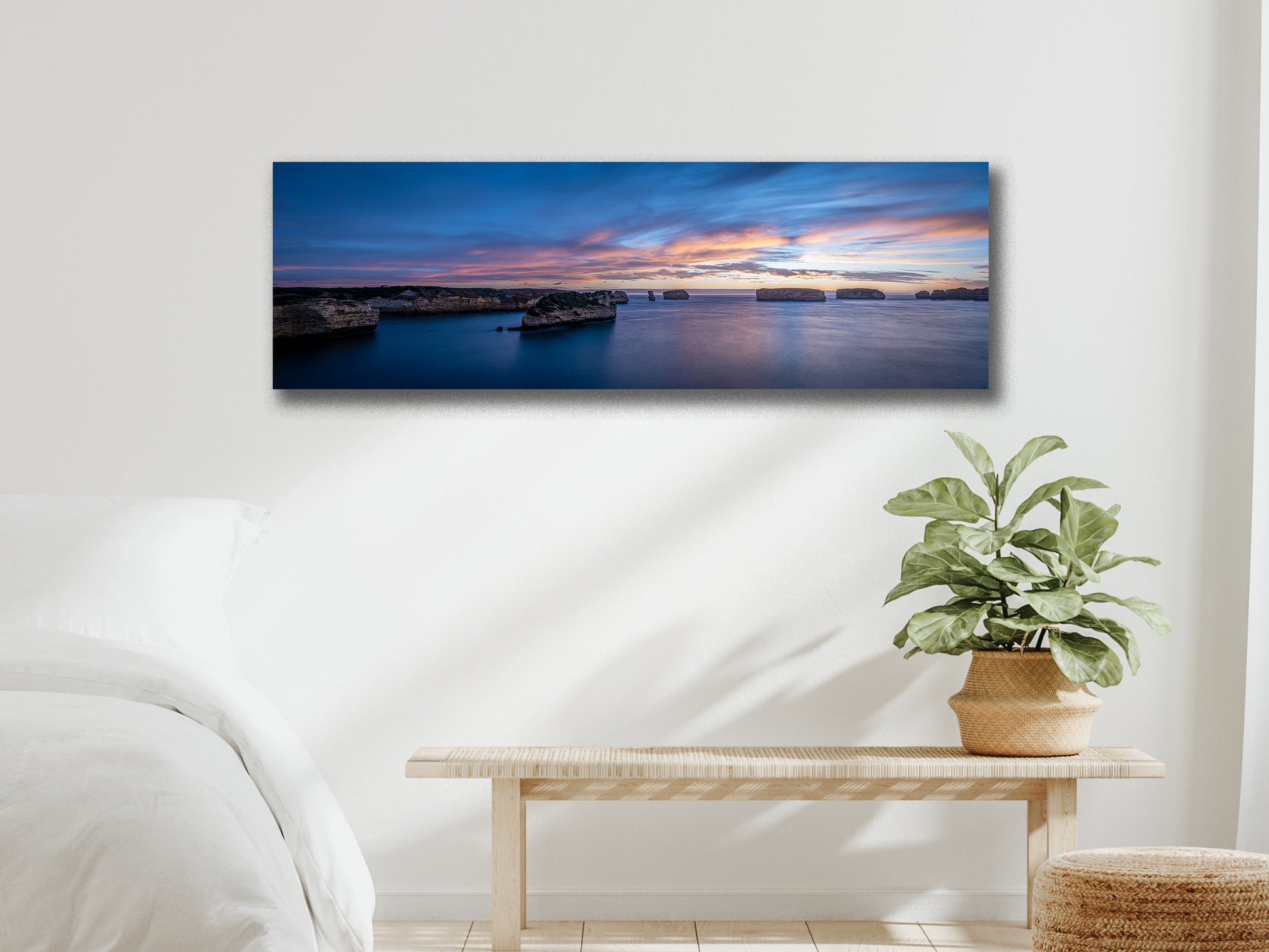 Great Ocean Road blue hour panorama stretched canvas by Istvan Maar Photography in bedroom