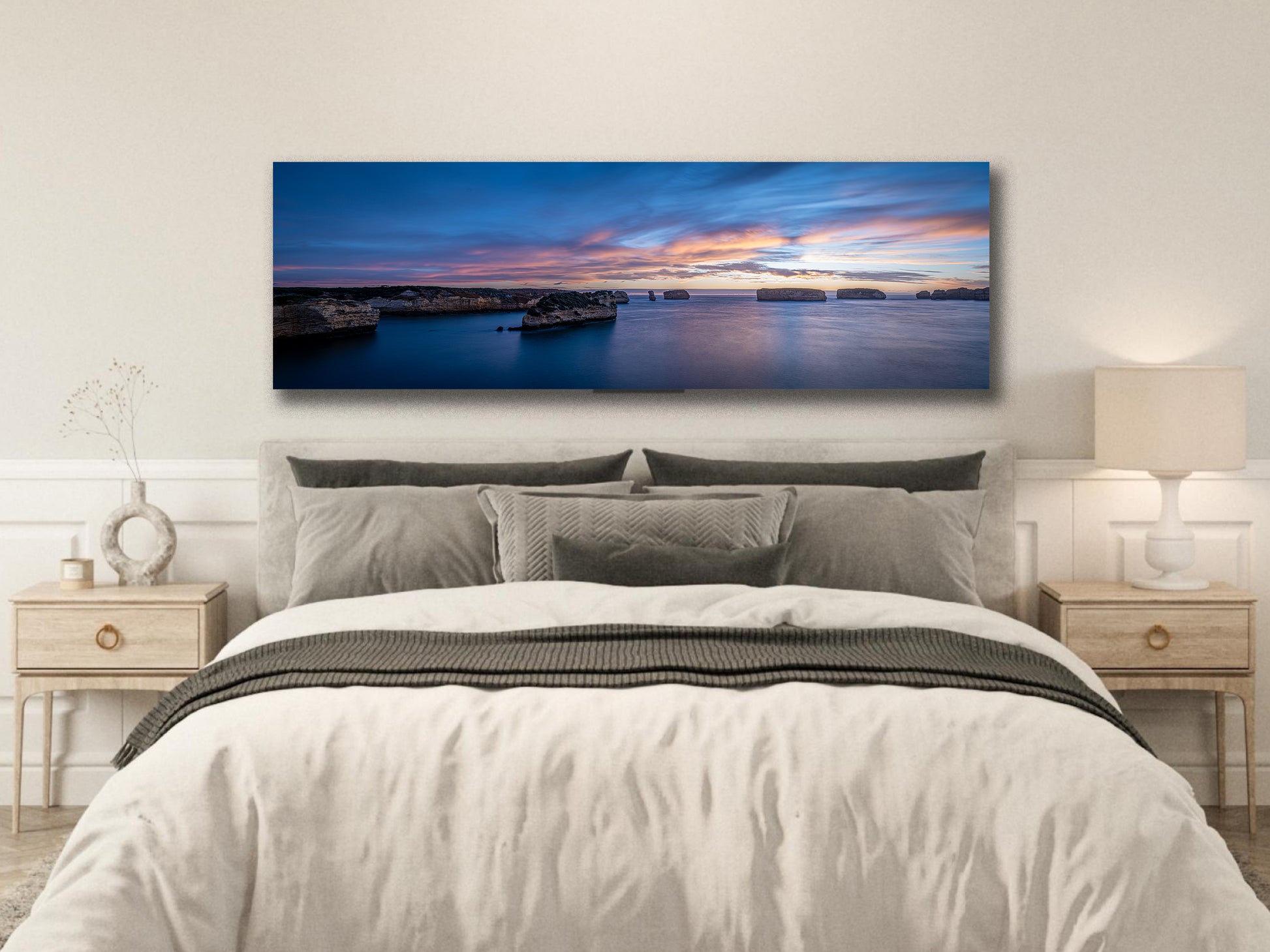 Great Ocean Road blue hour panorama stretched canvas by Istvan Maar Photography in bedroom