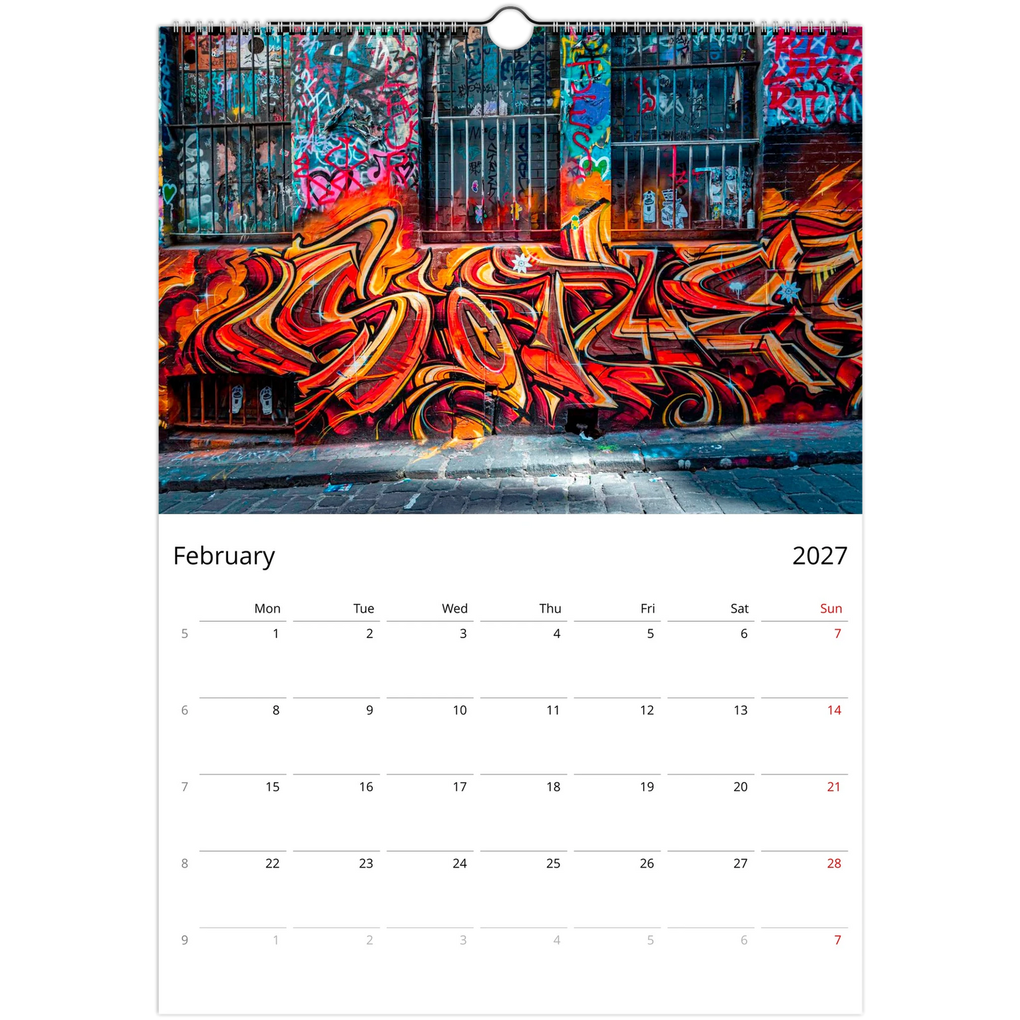 2027 Graffiti Wall Calendar – product packaging and spiral binding detail