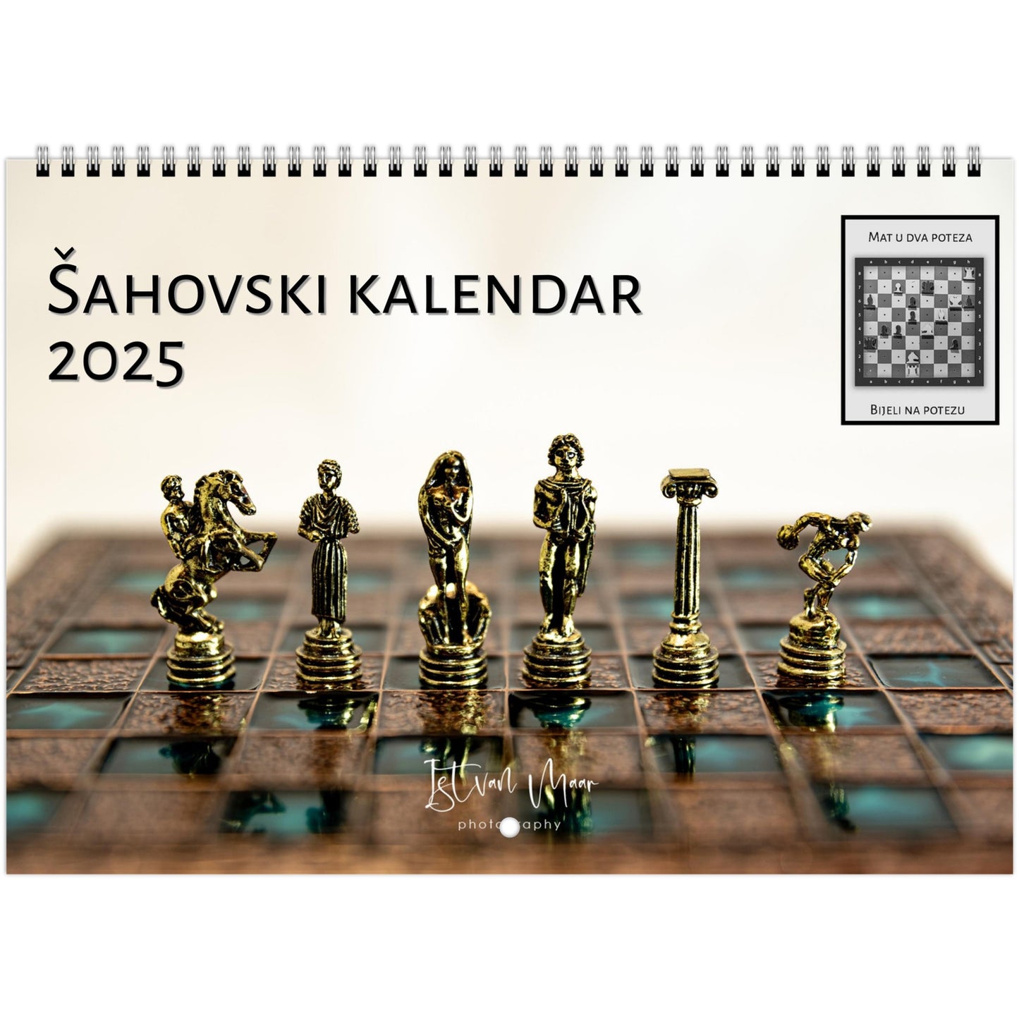 2025 Chess Wall Calendar by Istvan Maar Photography featuring global chess sets and monthly chess puzzles, vibrant imagery in Croatian.