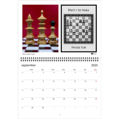 2025 Chess Wall Calendar by Istvan Maar Photography featuring global chess sets and monthly chess puzzles, vibrant imagery in Danish.