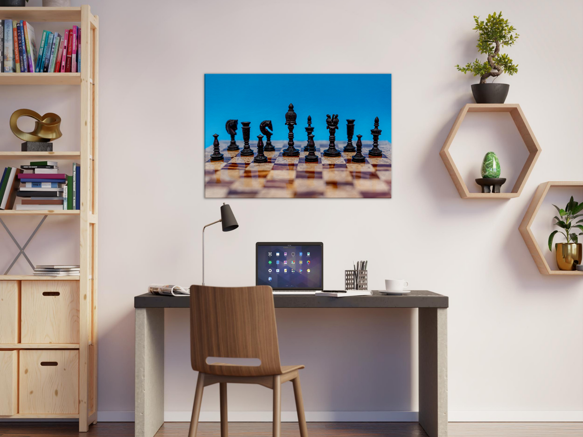 Wooden Chess Set Canvas with blue background by Istvan Maar Photography - home office décor